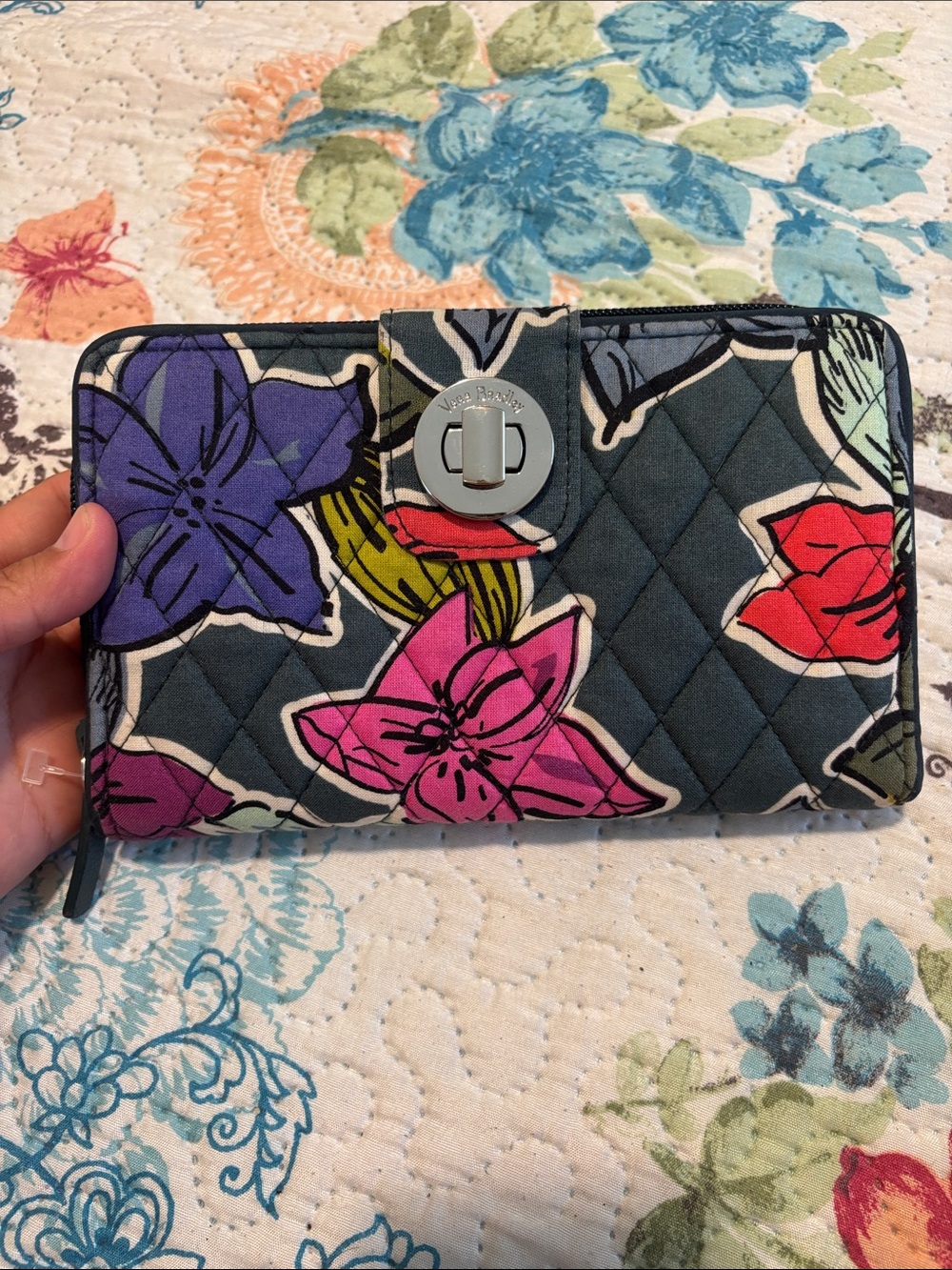 Vera Bradley Quilted Floral Zip Wallet in Teal with Pink, Purple & Red Flowers